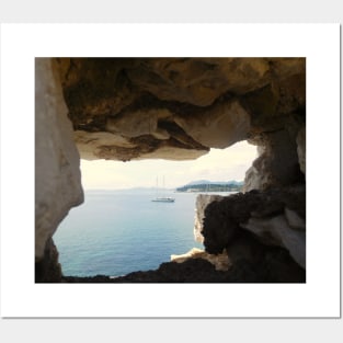 Seaside Serenity: Corfu Boat View Through Rock Window Posters and Art